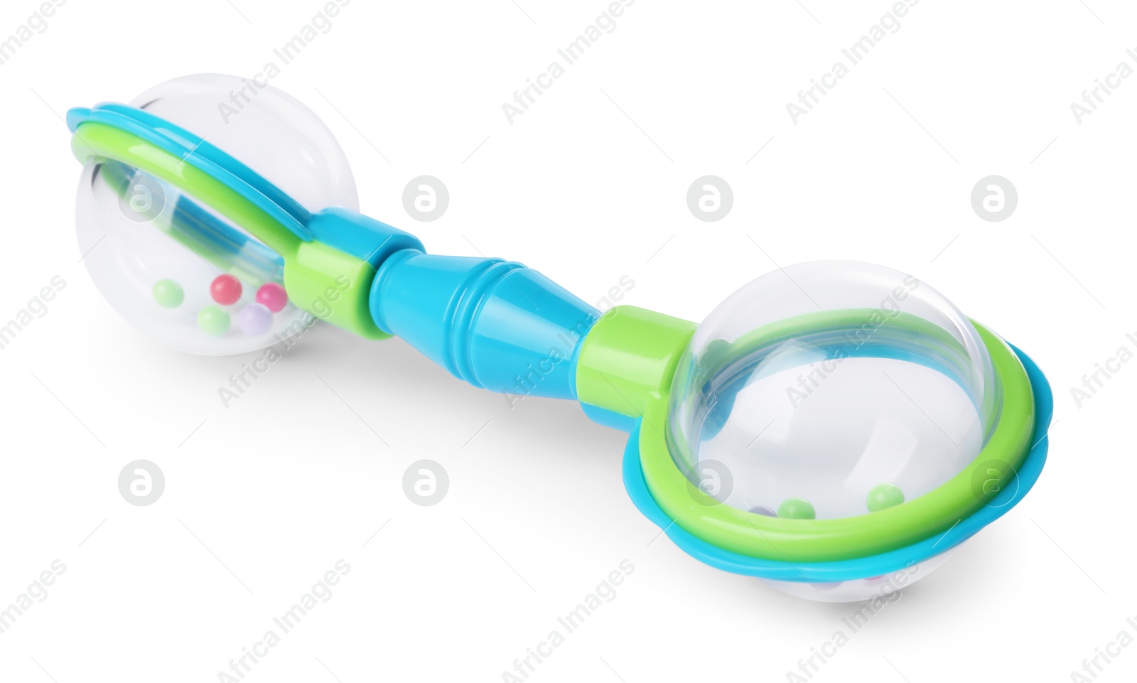 Photo of Colorful rattle isolated on white. Baby accessory