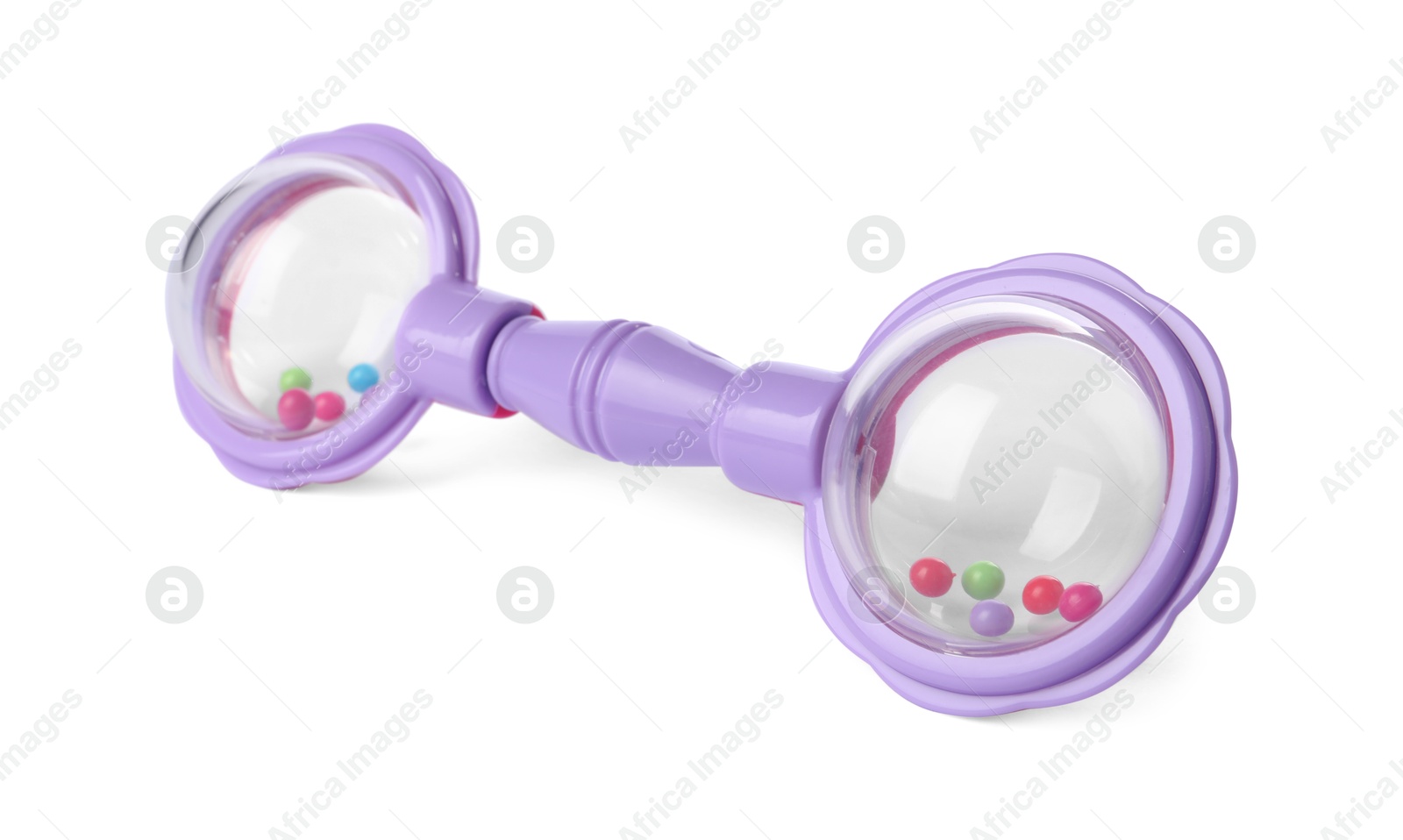 Photo of Colorful rattle isolated on white. Baby accessory