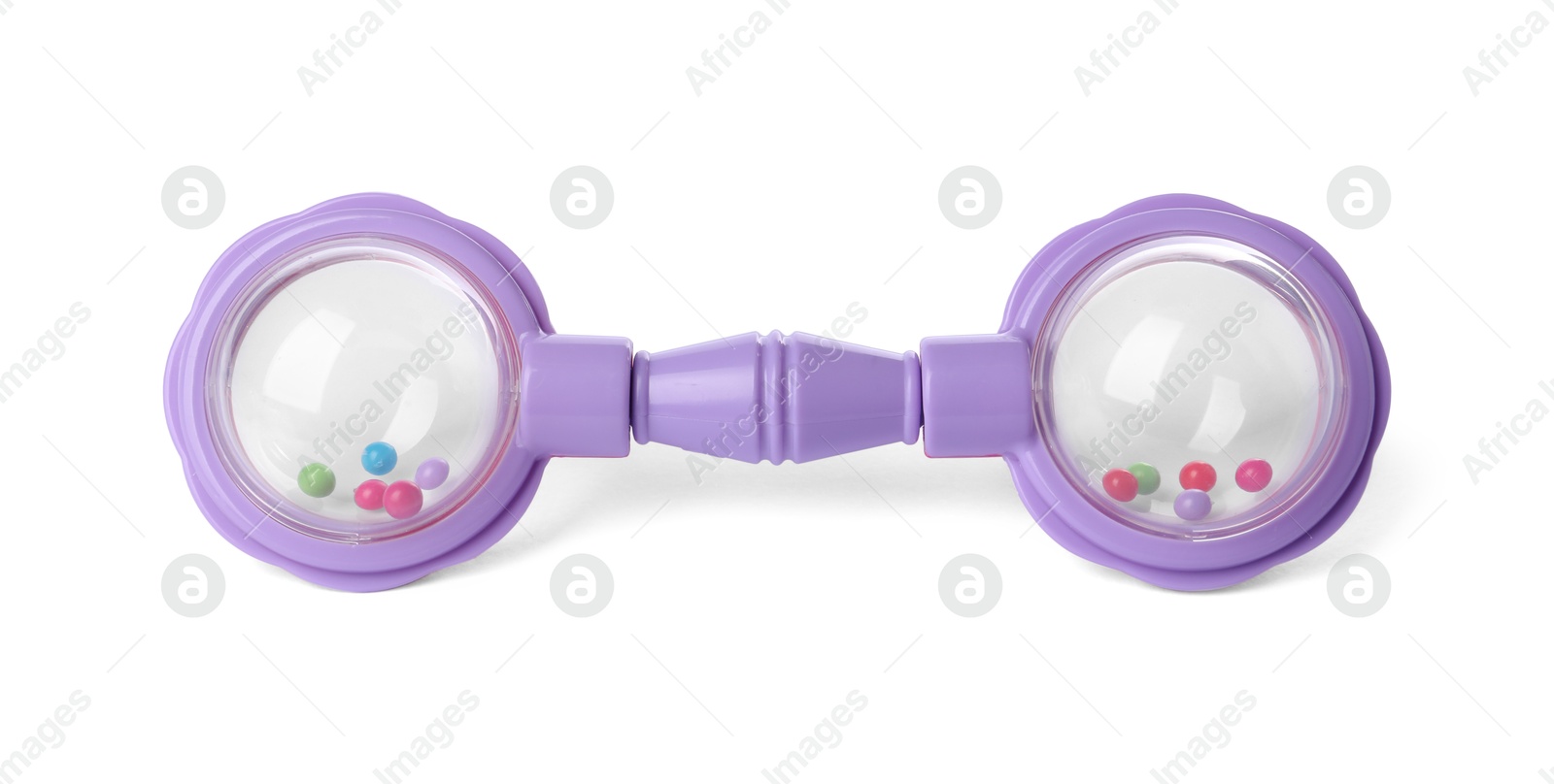 Photo of Colorful rattle isolated on white. Baby accessory