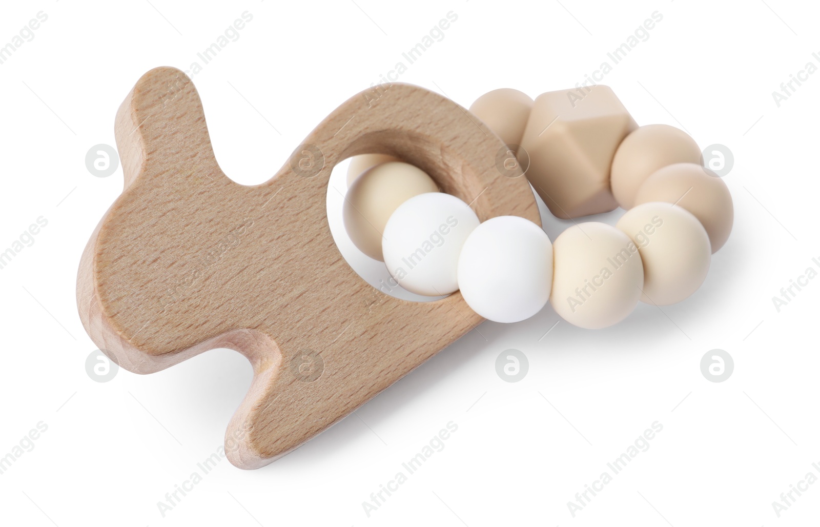 Photo of Wooden rattle isolated on white. Baby accessory]