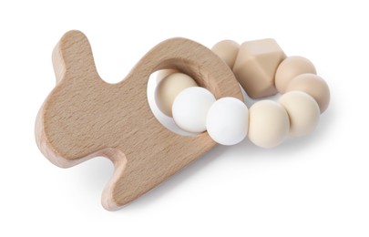 Photo of Wooden rattle isolated on white. Baby accessory]