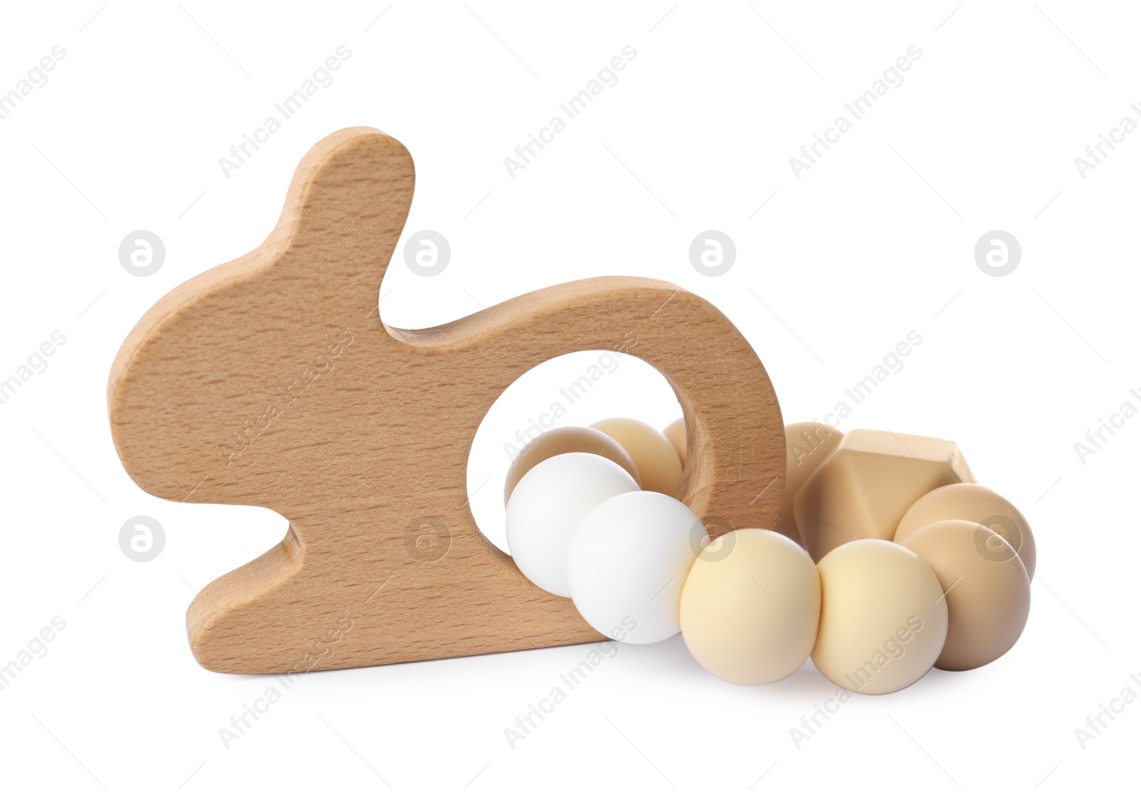 Photo of Wooden rattle isolated on white. Baby accessory]