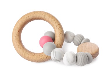 Photo of Wooden rattle isolated on white. Baby accessory]