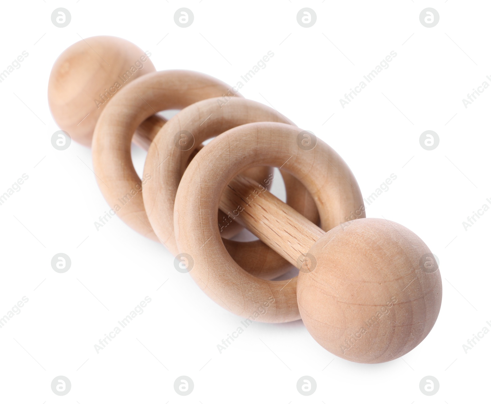 Photo of Wooden rattle isolated on white. Baby accessory]