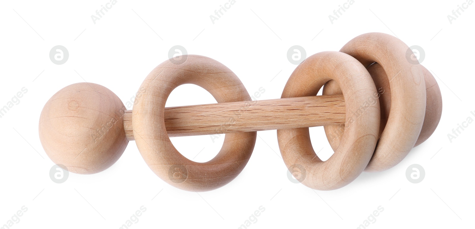 Photo of Wooden rattle isolated on white, top view. Baby accessory