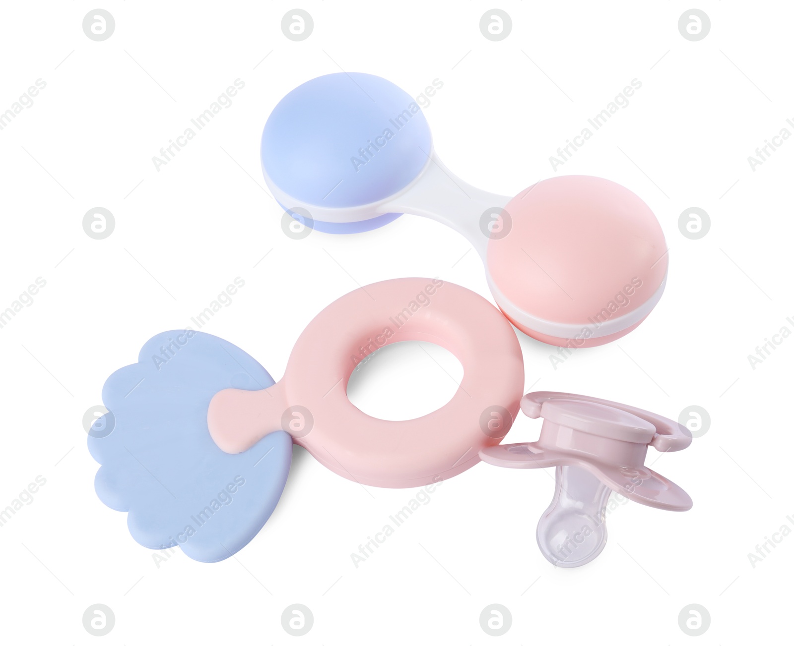 Photo of Colorful rattles and pacifier isolated on white. Baby accessories