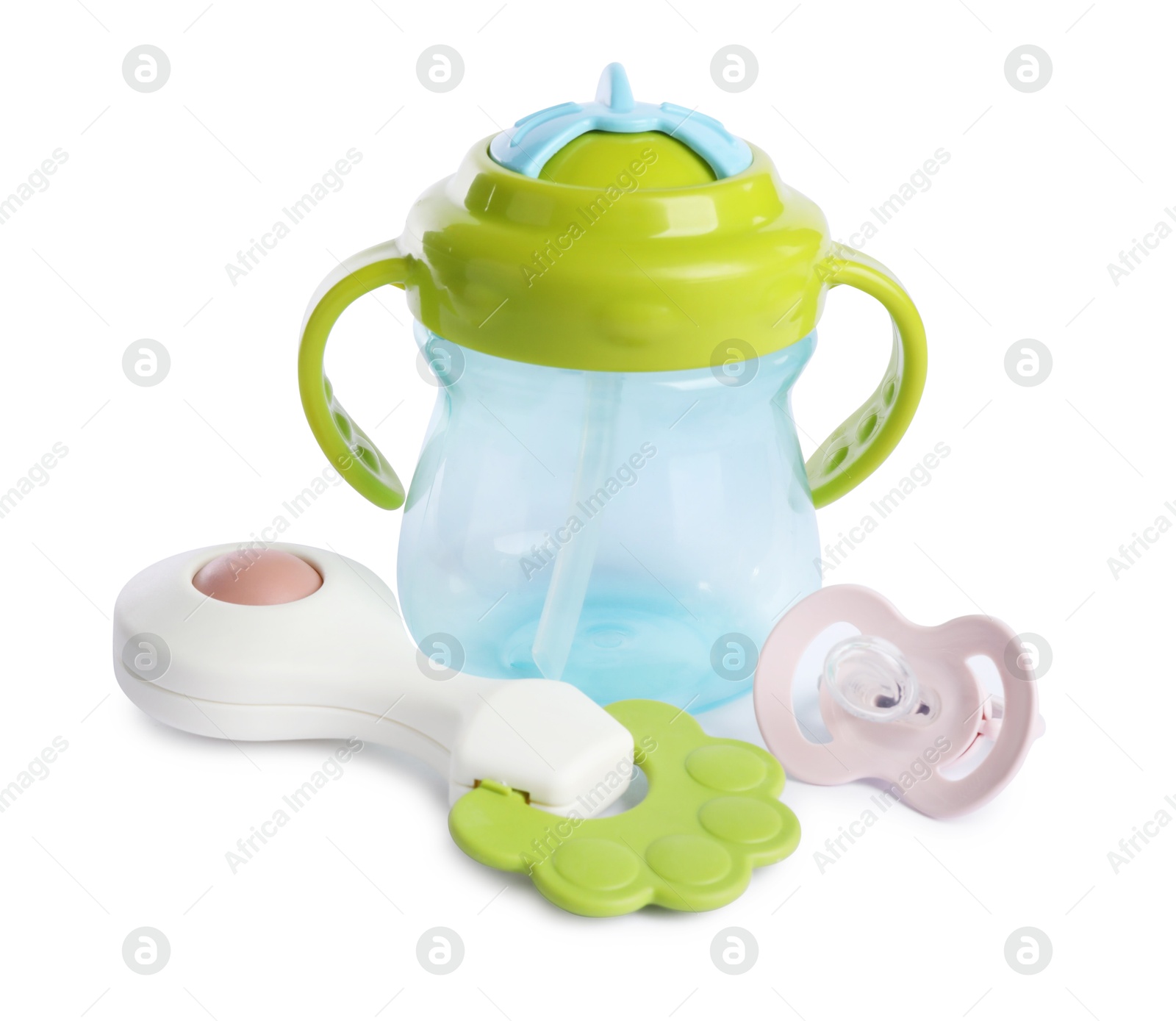 Photo of Colorful rattle, bottle and pacifier isolated on white. Baby accessories