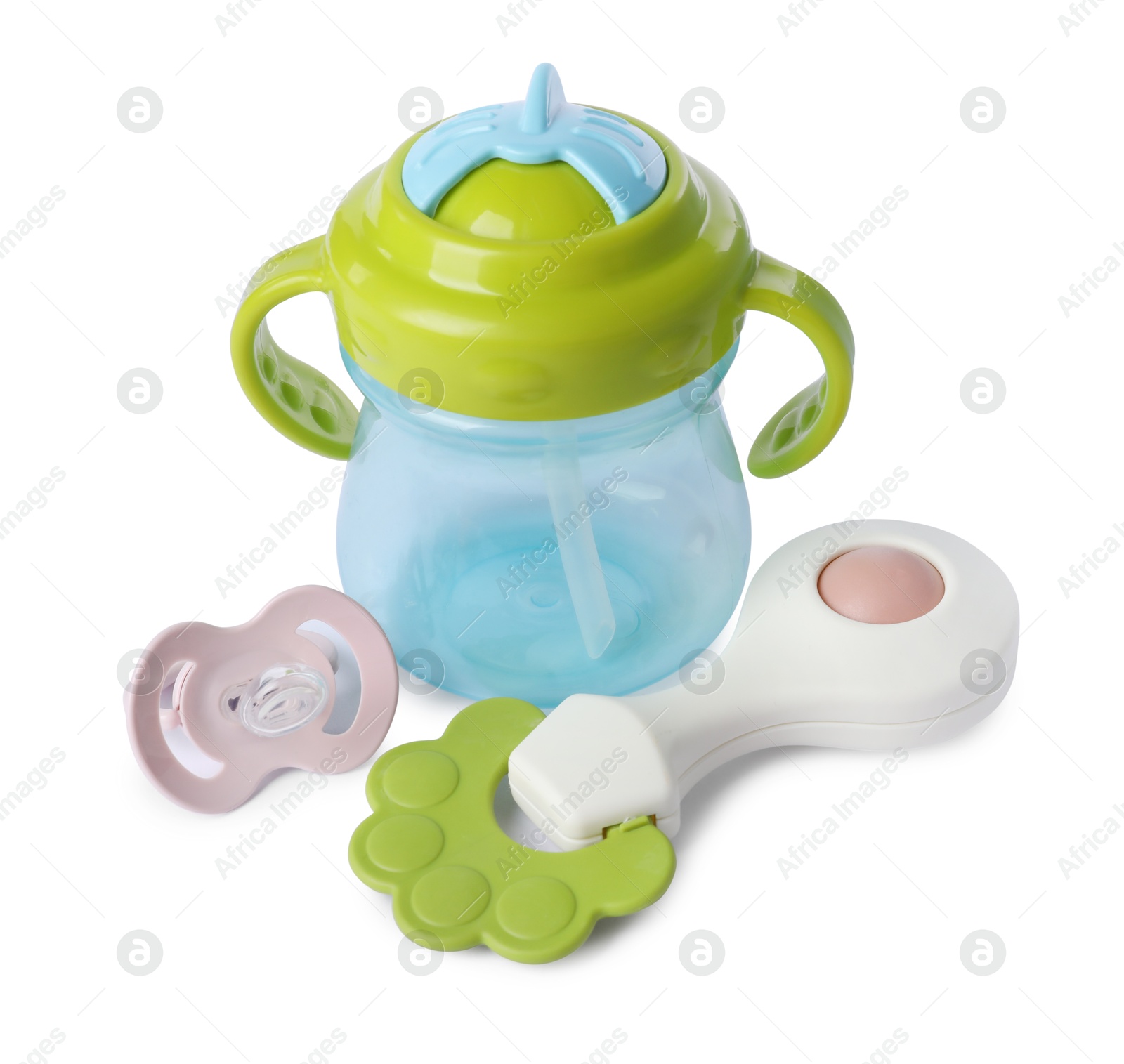 Photo of Colorful rattle, bottle and pacifier isolated on white. Baby accessories