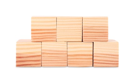 Photo of Many blank wooden cubes isolated on white