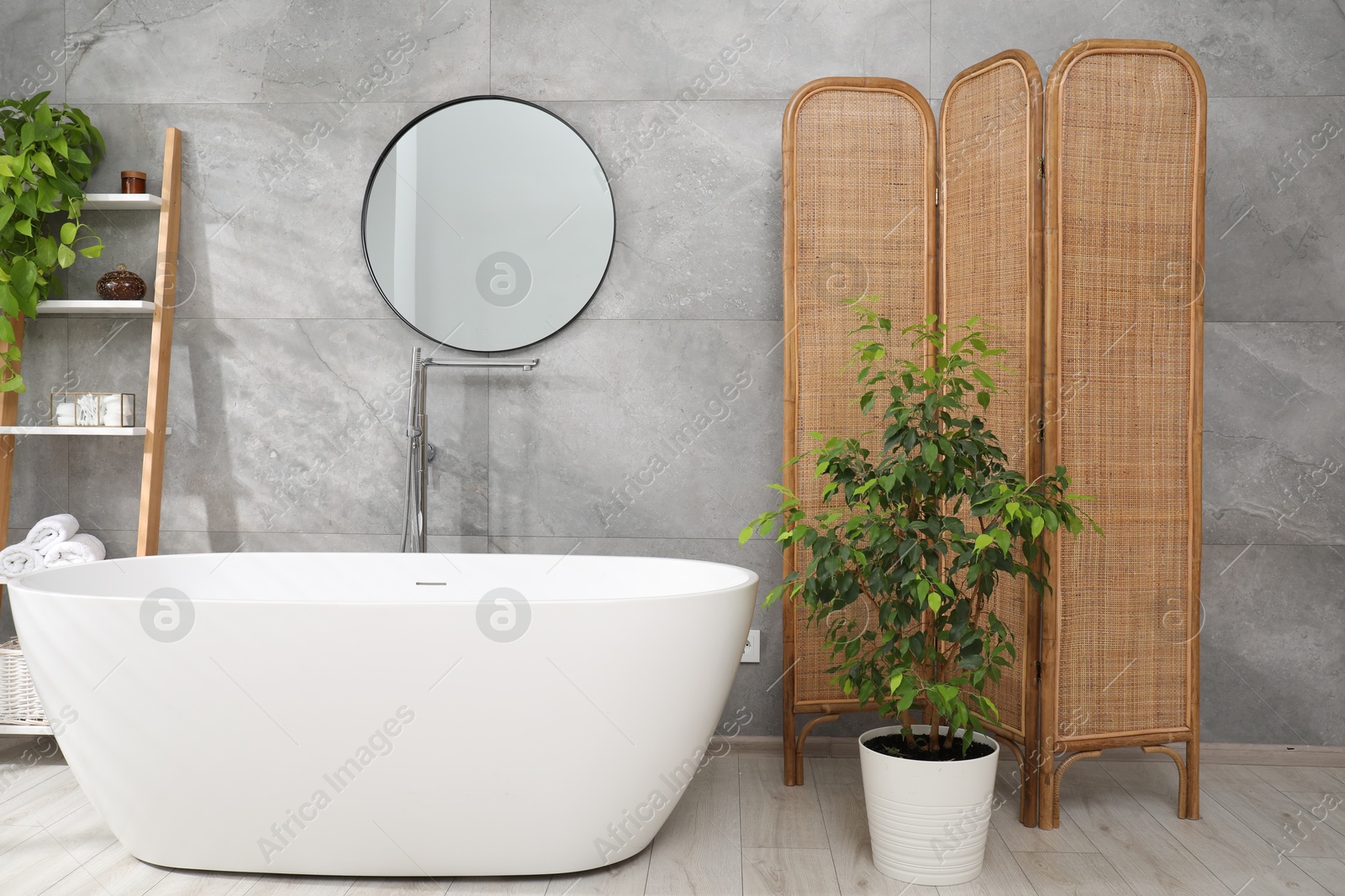 Photo of Wooden folding screen, bathtub, houseplants and mirror in bathroom. Interior design