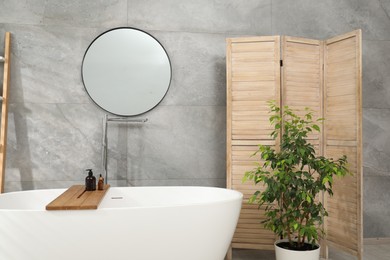 Photo of Wooden folding screen, bathtub, houseplant and mirror in bathroom. Interior design