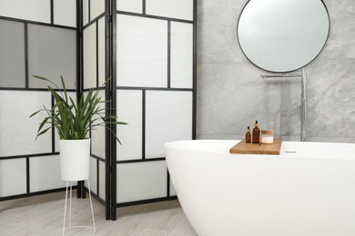 Photo of Folding screen, bathtub, houseplant and mirror in bathroom. Interior design