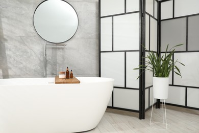 Photo of Folding screen, bathtub, houseplant and mirror in bathroom. Interior design