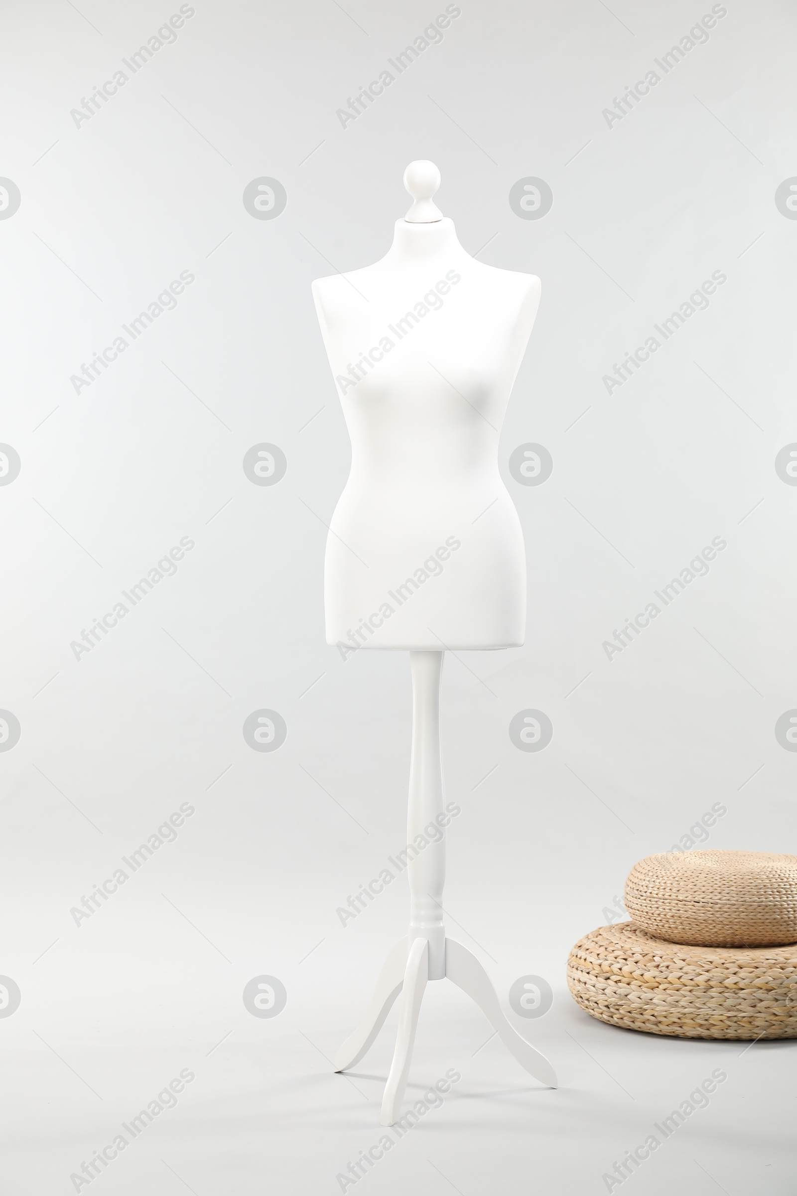 Photo of Mannequin on light grey background. Fashion designer`s equipment