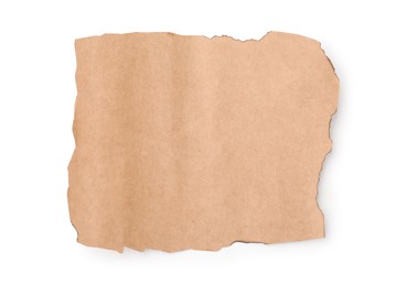 Photo of Piece of old paper with dark burnt borders isolated on white, top view