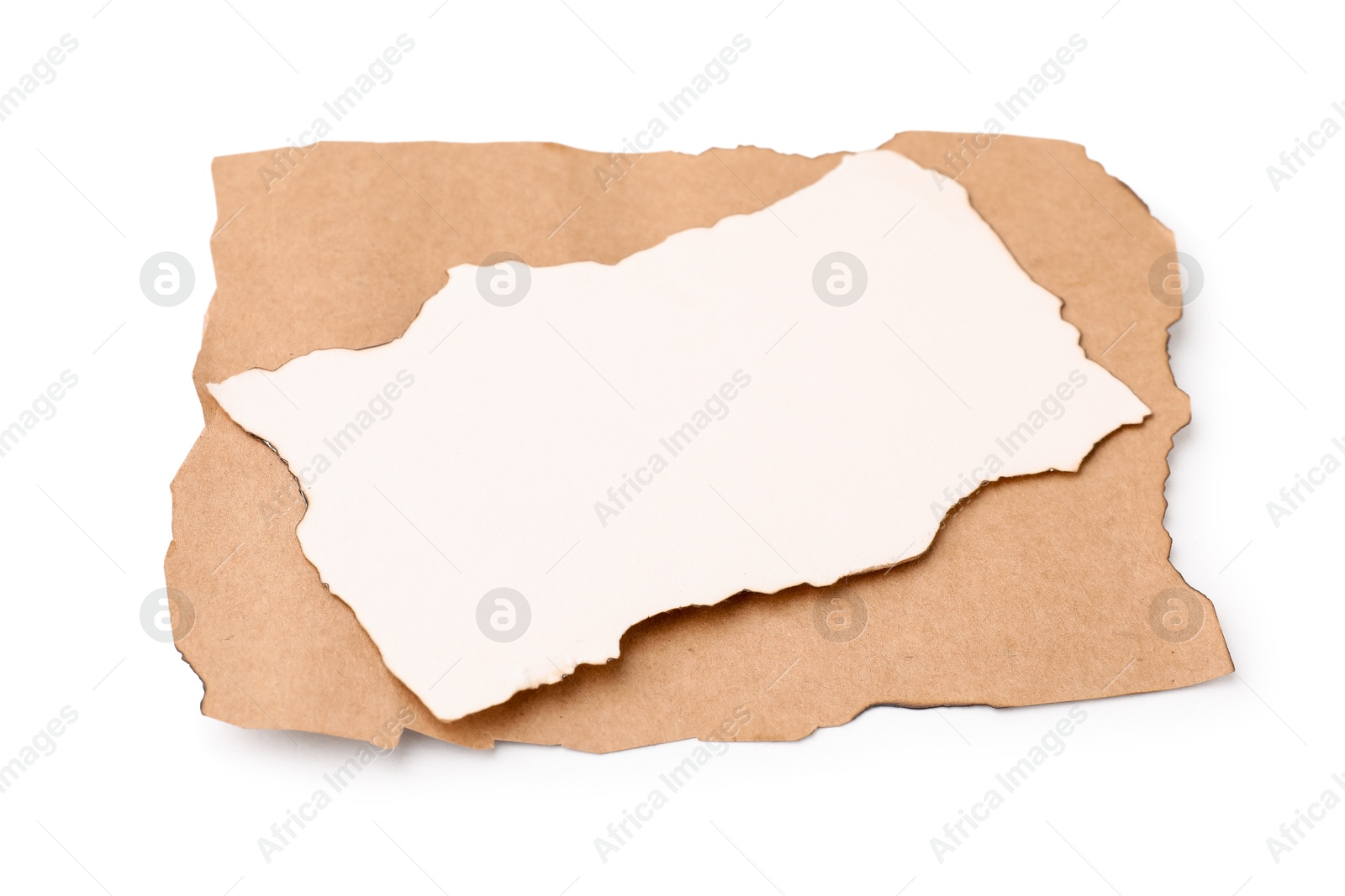 Photo of Pieces of old paper with dark burnt borders isolated on white