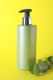 Shampoo in bottle and green eucalyptus leaves on yellow background