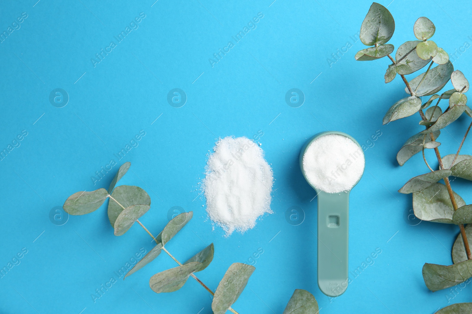 Photo of Measuring scoop with laundry powder and eucalyptus branch on blue background, flat lay