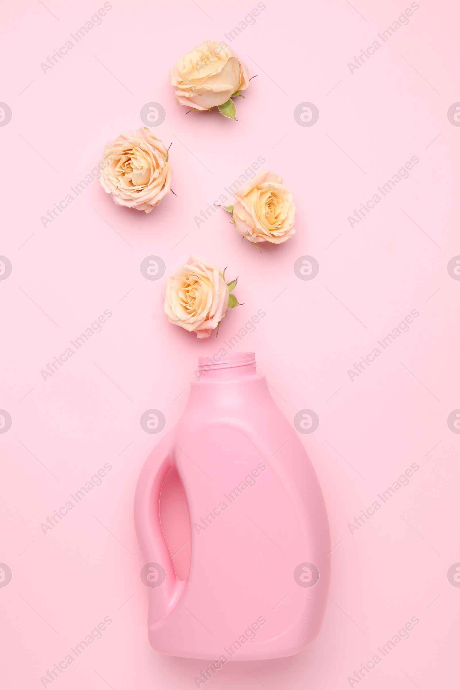 Photo of Bottle of laundry detergent and flowers on pink background, closeup