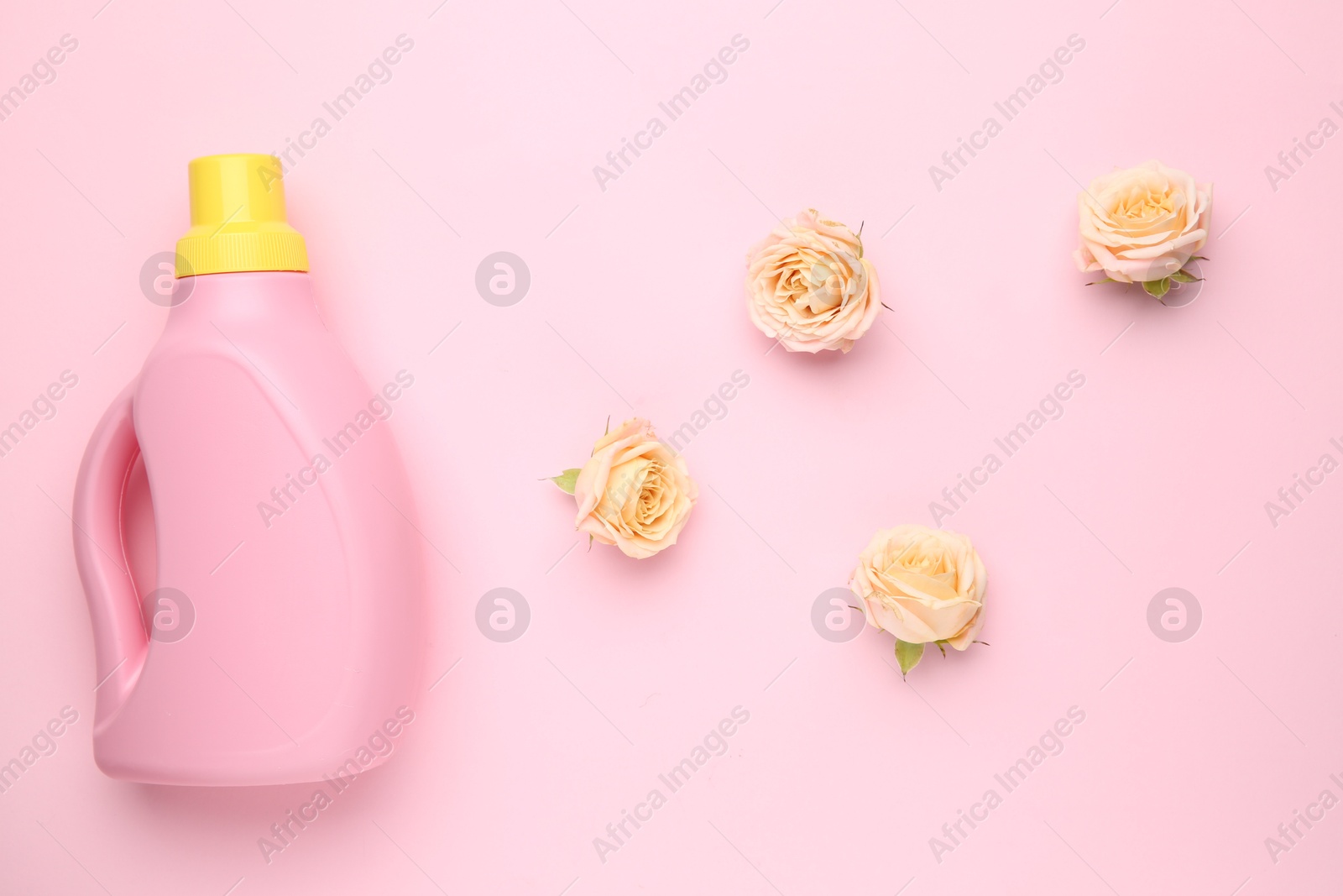 Photo of Bottle of laundry detergent and flowers on pink background, closeup