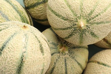 Photo of Many ripe Cantaloupe melons as background, top view