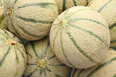 Photo of Many ripe Cantaloupe melons as background, top view