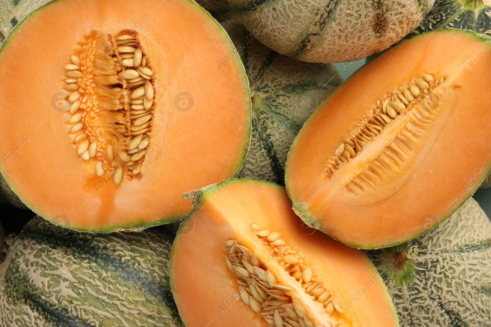 Photo of Many ripe Cantaloupe melons as background, top view