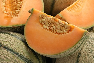 Photo of Many ripe Cantaloupe melons as background, closeup