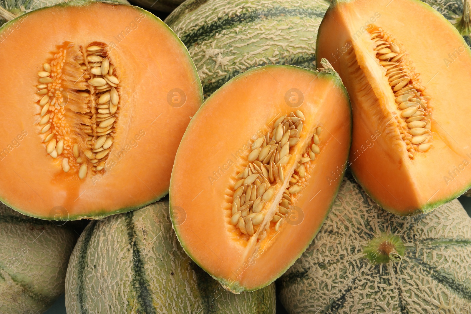 Photo of Many ripe Cantaloupe melons as background, top view