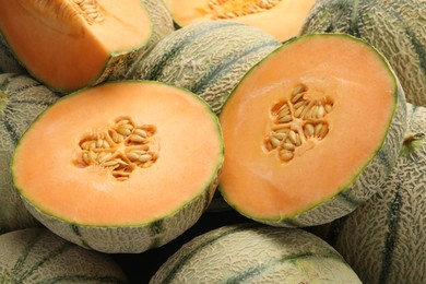 Photo of Many ripe Cantaloupe melons as background, closeup