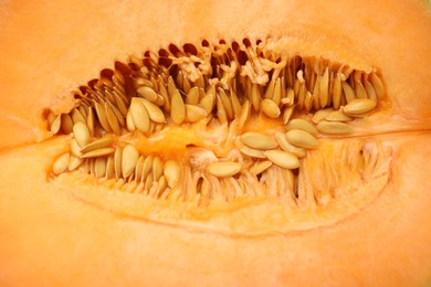 Cut Cantaloupe melon as background, top view