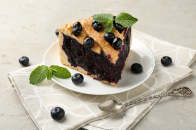 Photo of Slice of delicious homemade blueberry pie served on light table, closeup