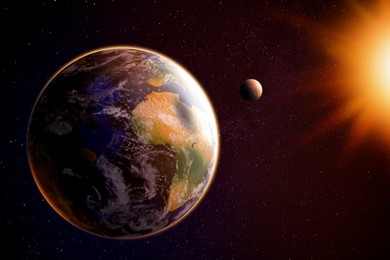 Image of Planet Earth and moon lit by Sun in space. Image elements furnished by NASA