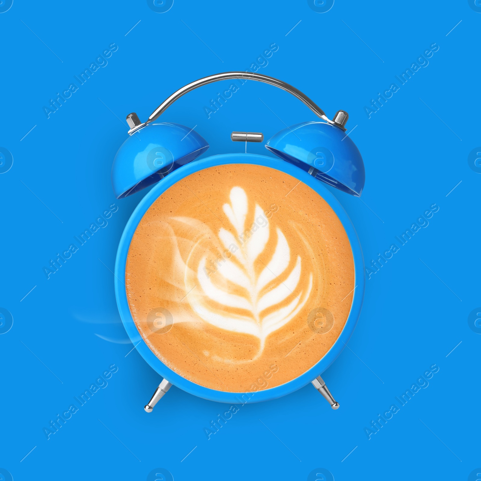 Image of Bright alarm clock with coffee instead of dial on light blue background, top view