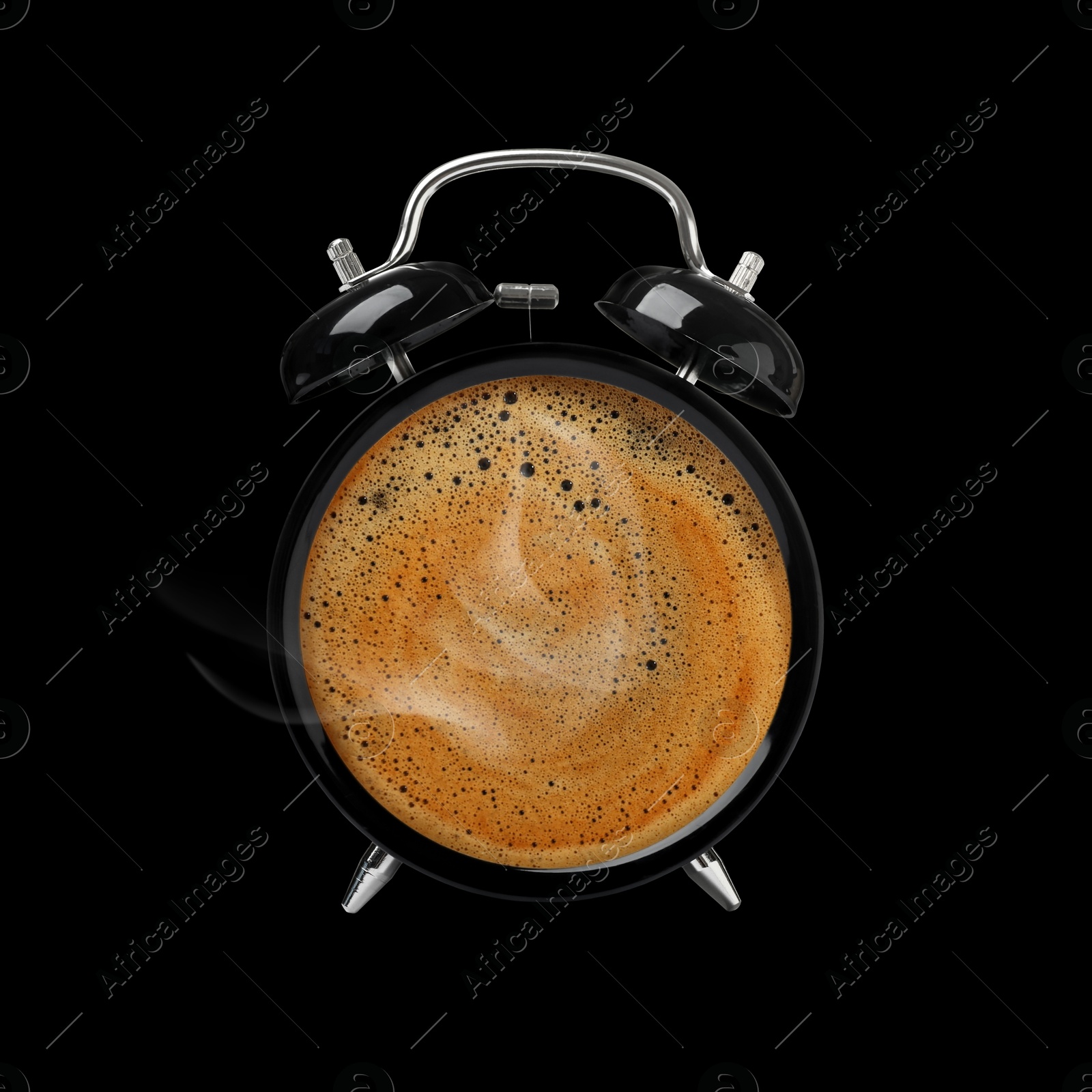 Image of Alarm clock with coffee instead of dial on black background