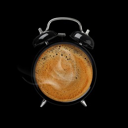 Image of Alarm clock with coffee instead of dial on black background