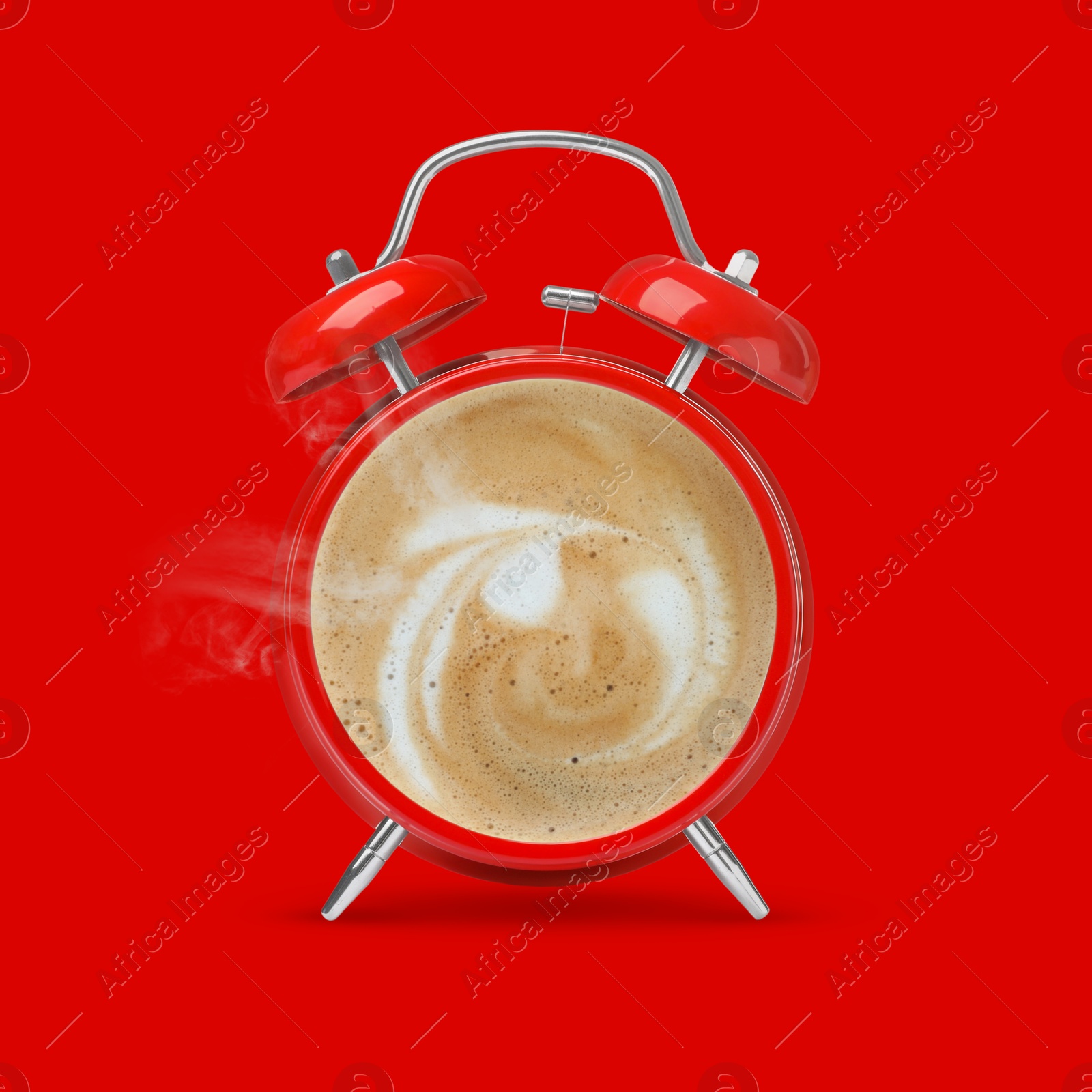 Image of Bright alarm clock with coffee instead of dial on red background