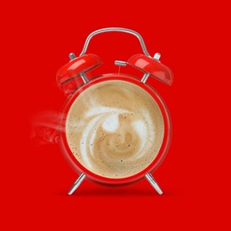 Image of Bright alarm clock with coffee instead of dial on red background