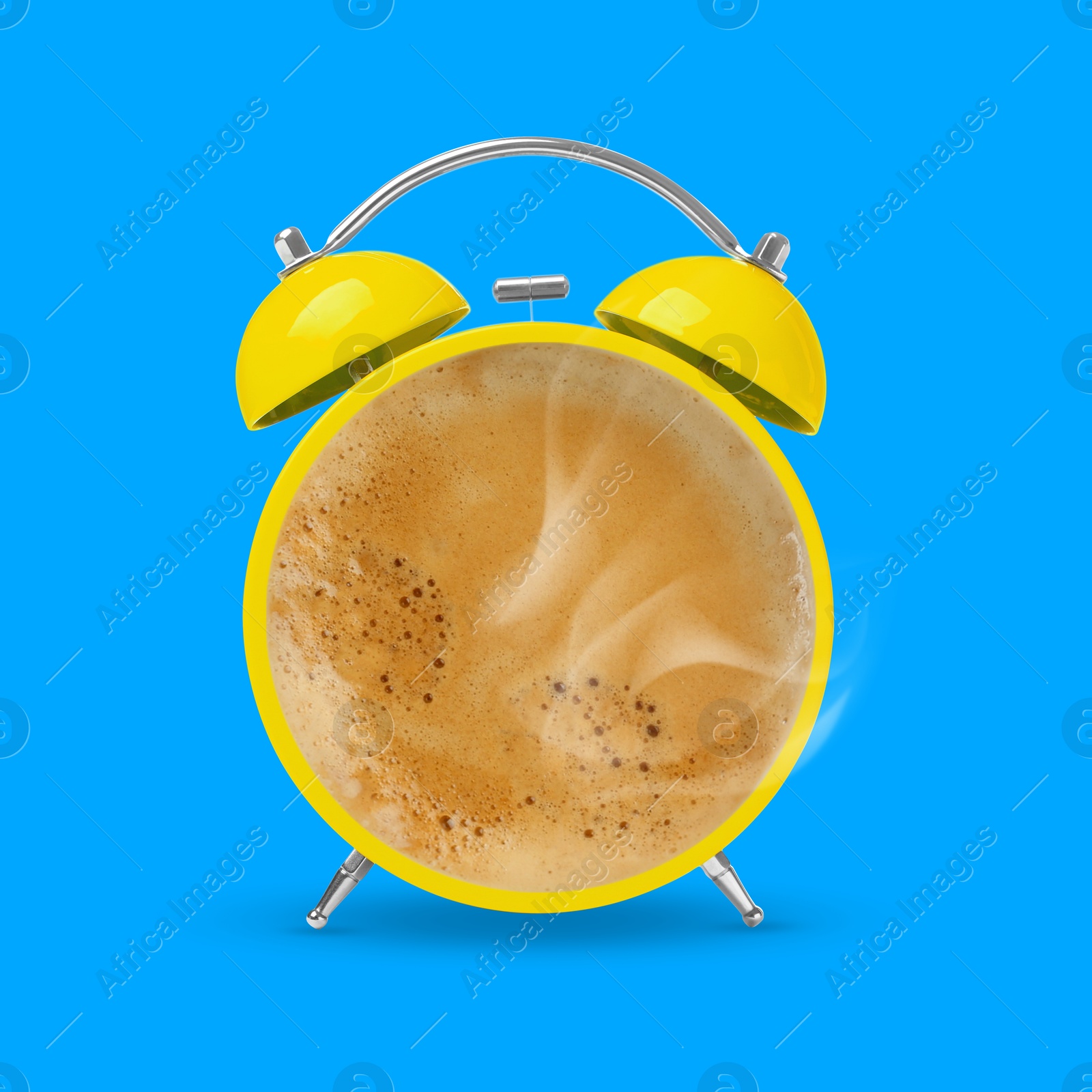 Image of Yellow alarm clock with coffee instead of dial on light blue background