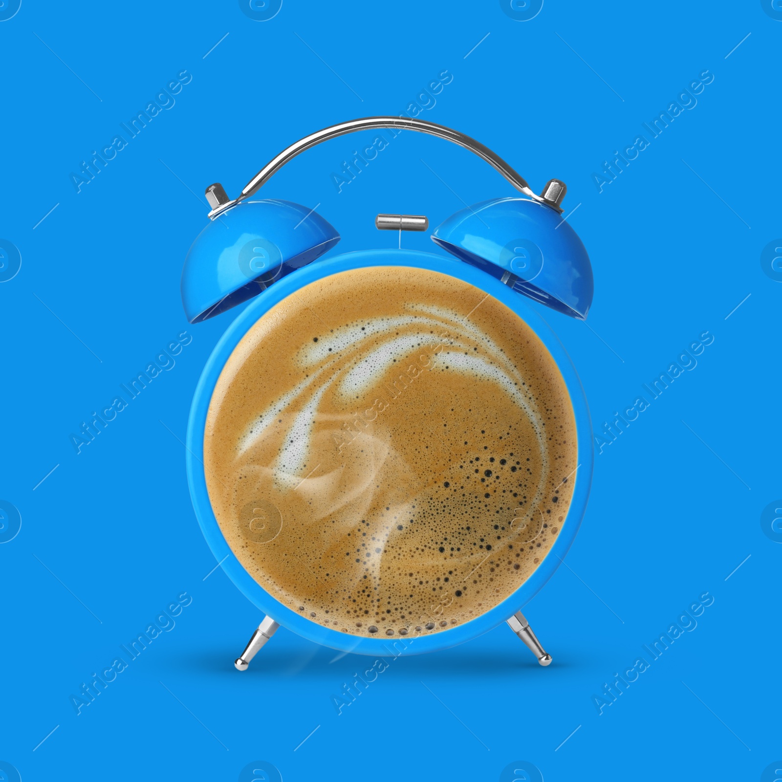 Image of Bright alarm clock with coffee instead of dial on light blue background