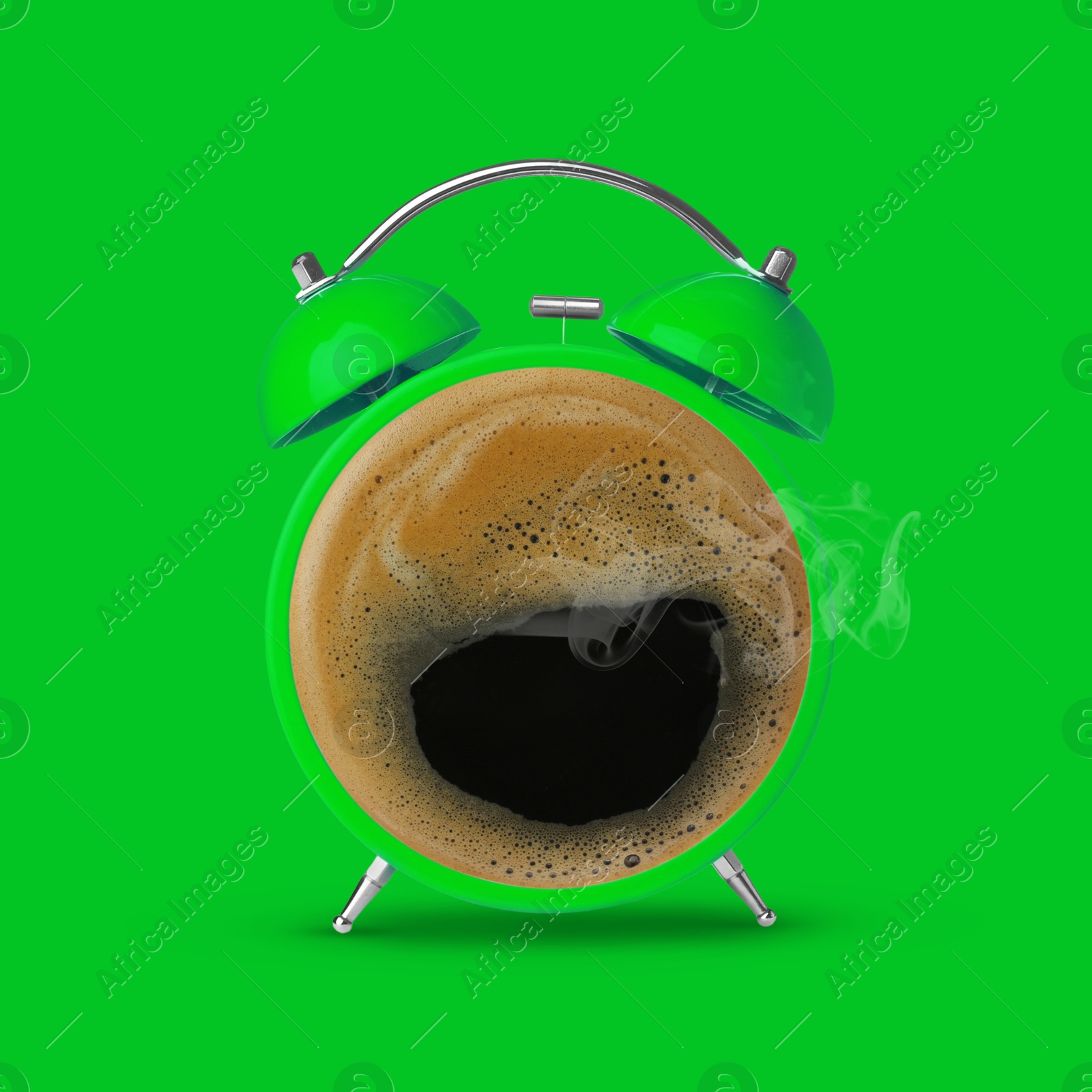 Image of Bright alarm clock with coffee instead of dial on green background