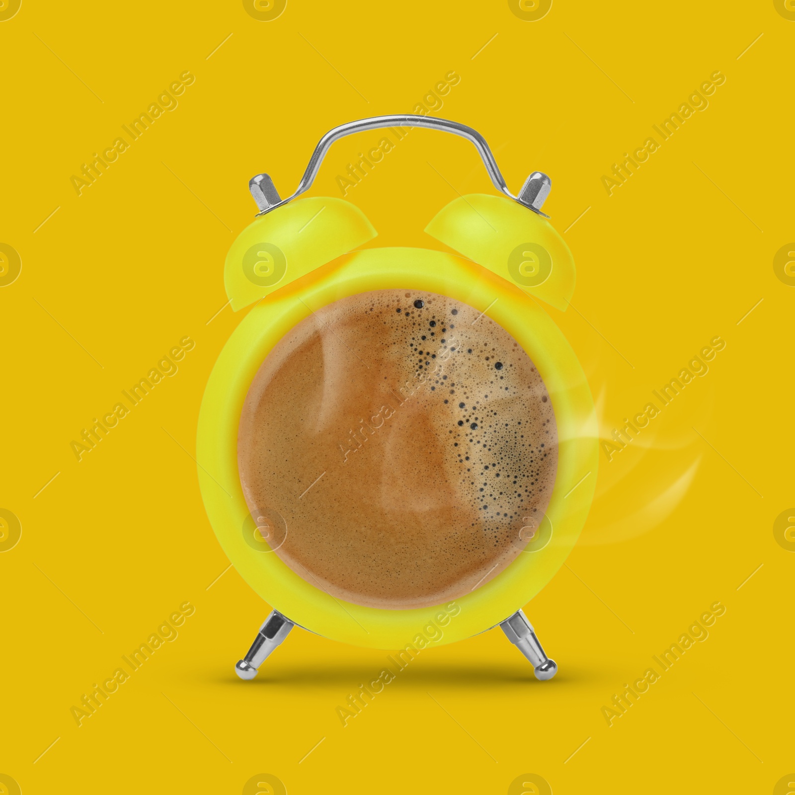 Image of Bright alarm clock with coffee instead of dial on yellow background