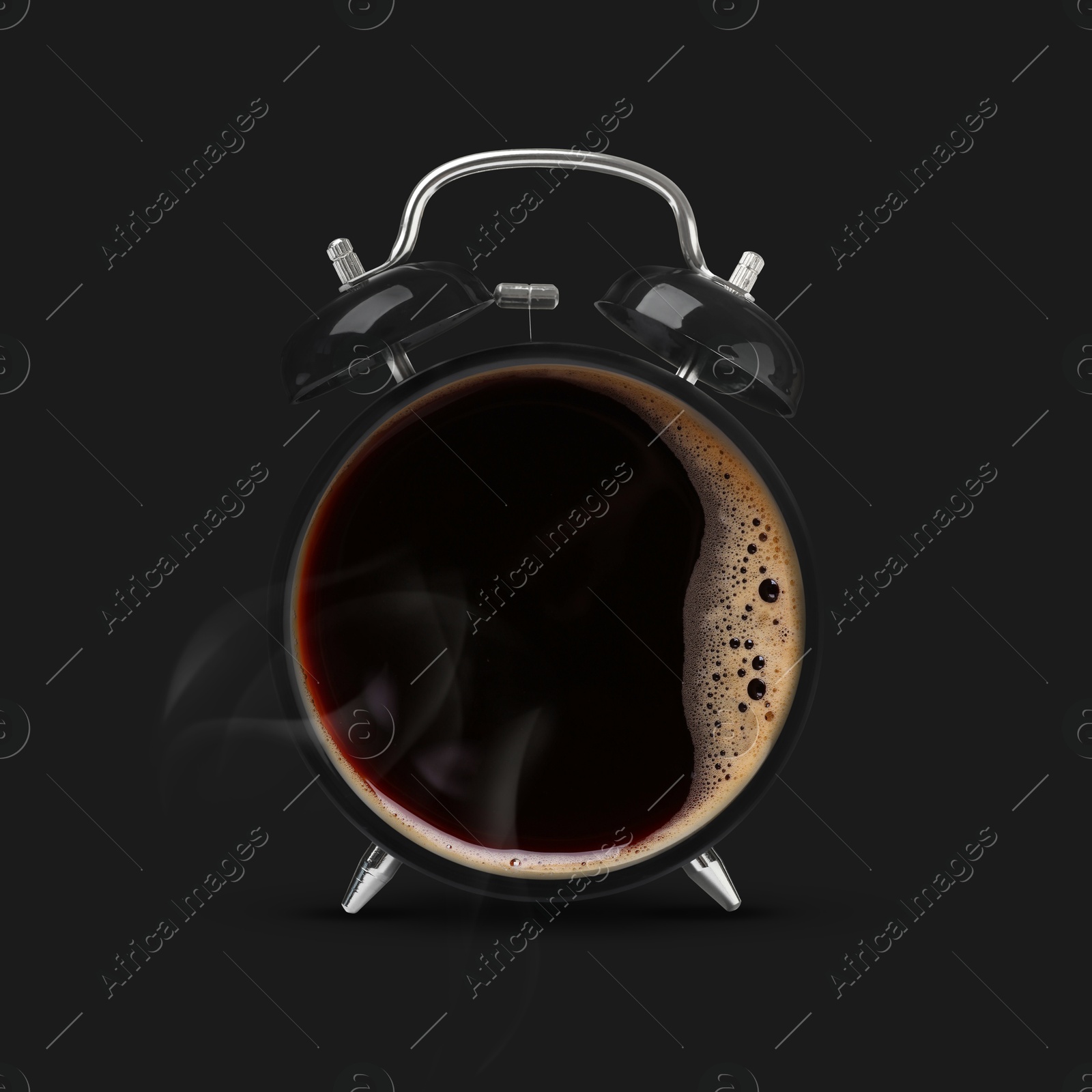 Image of Alarm clock with coffee instead of dial on black background