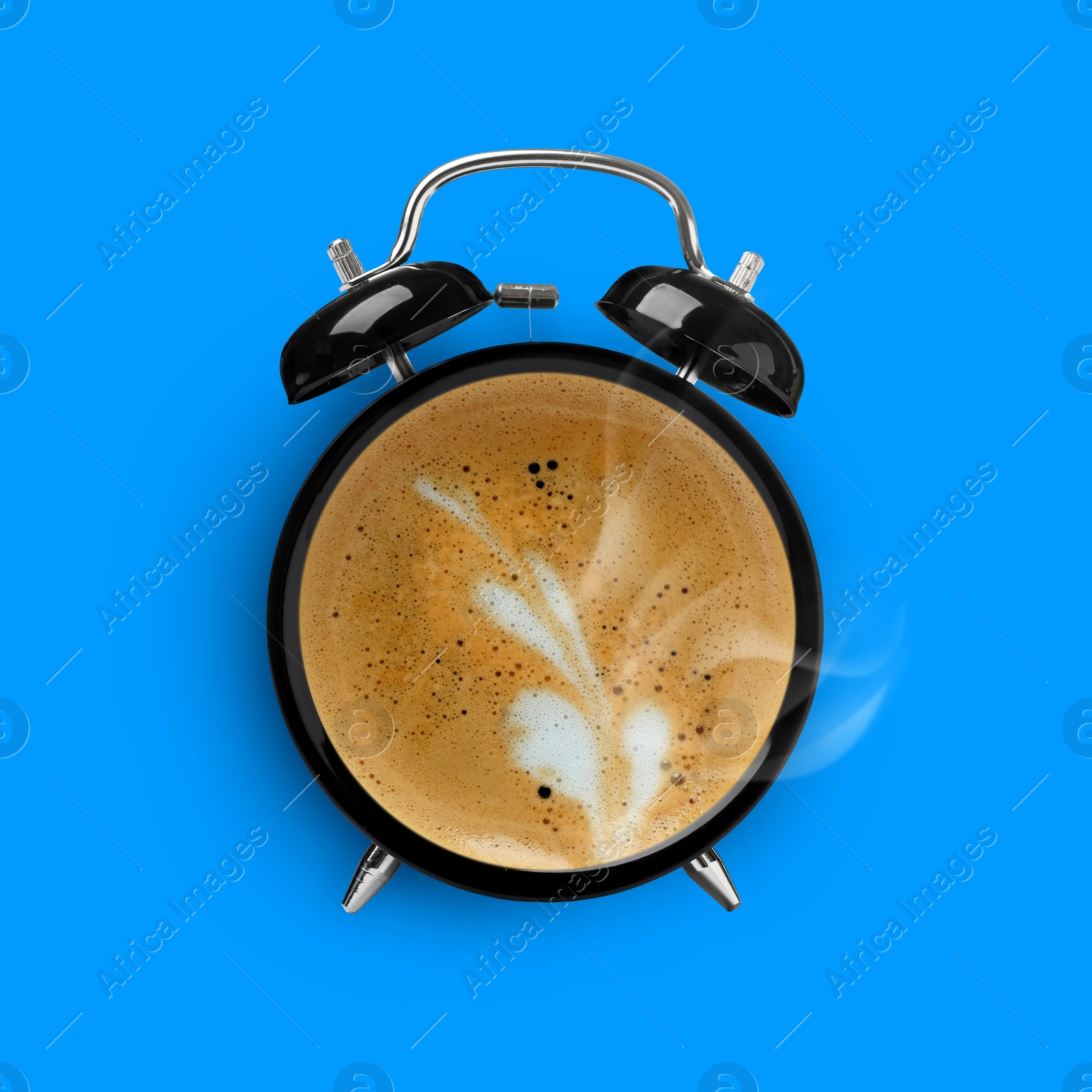 Image of Black alarm clock with coffee instead of dial on light blue background, top view