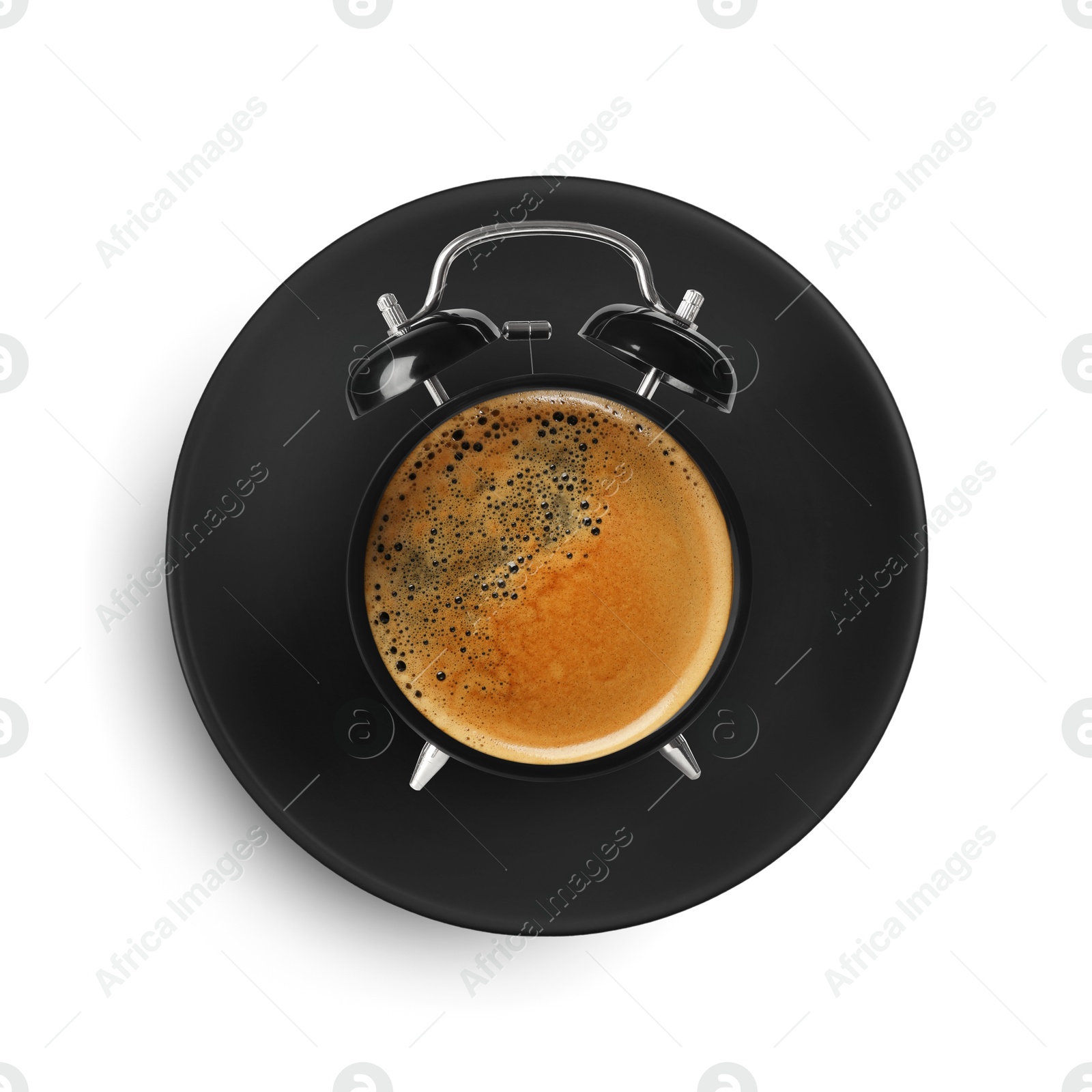 Image of Black alarm clock with coffee instead of dial on white background, top view