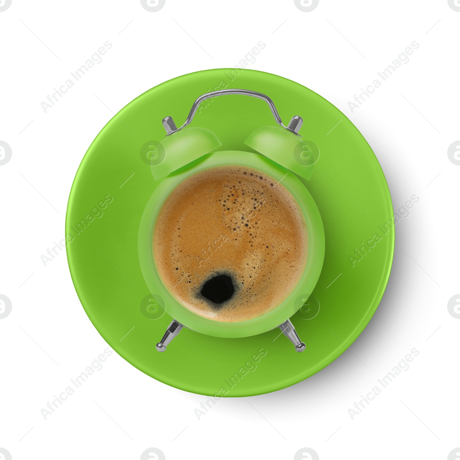 Image of Green alarm clock with coffee instead of dial on white background, top view