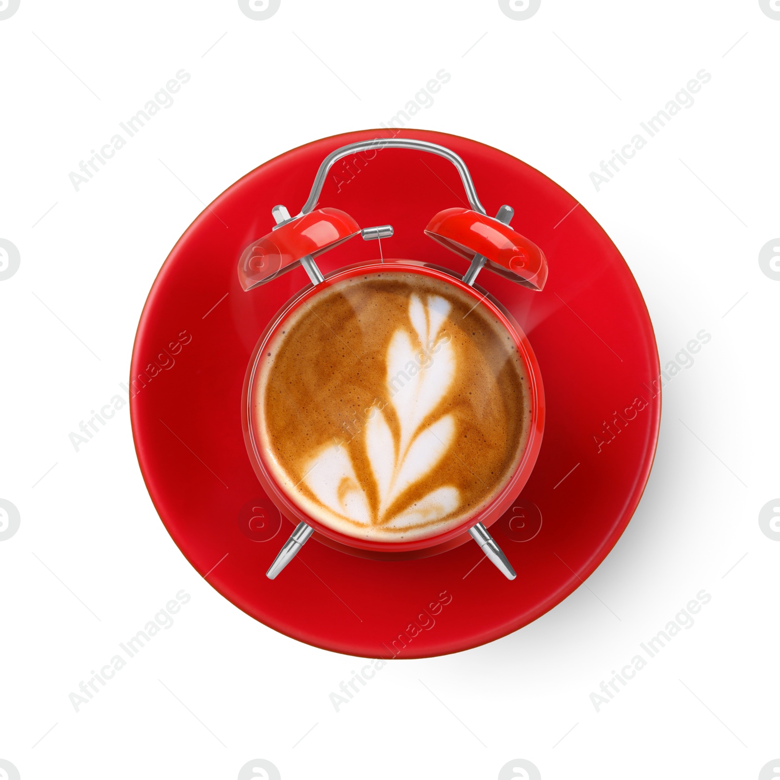 Image of Red alarm clock with coffee instead of dial on white background, top view