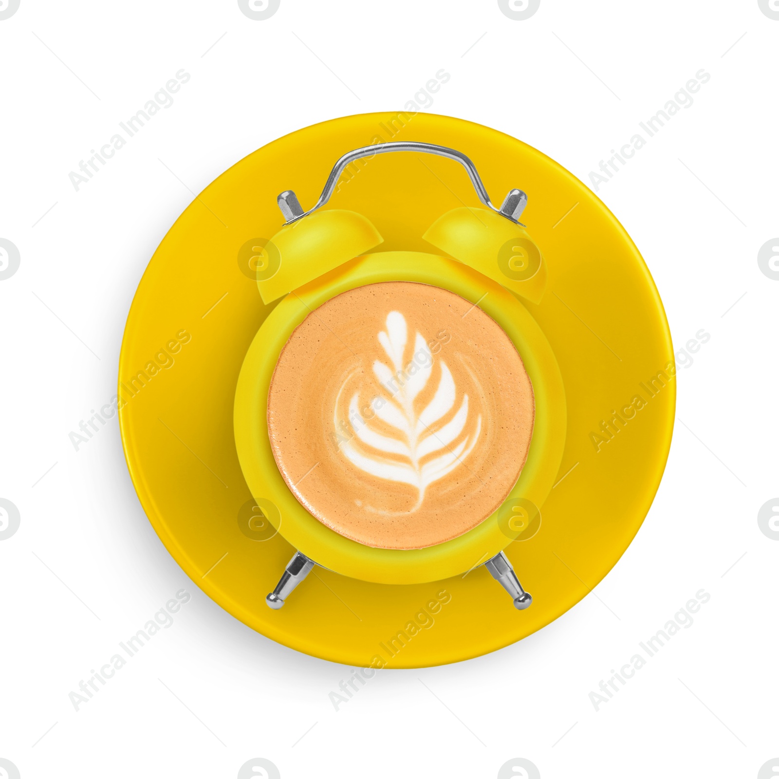 Image of Yellow alarm clock with coffee instead of dial on white background, top view