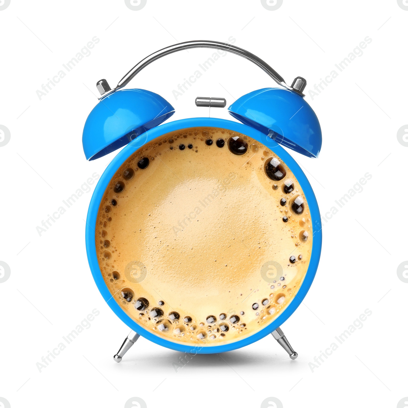 Image of Light blue alarm clock with coffee instead of dial on white background