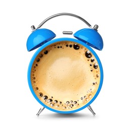 Light blue alarm clock with coffee instead of dial on white background